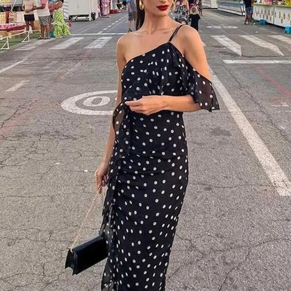 Zara Black Polka Dot One-Shoulder Dress - Size M - Picture 3 of 6